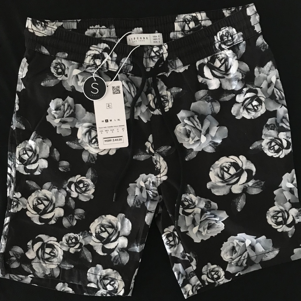 Black & White Rose Men Swim Trunks Sz S